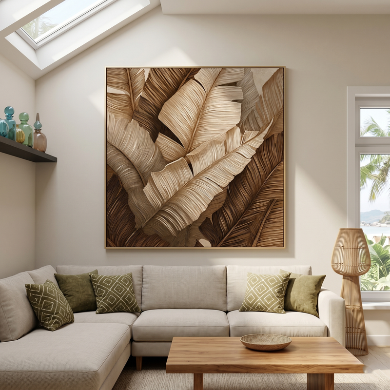"Bronze Canopy" – Modern Linear Tropical Banana Leaf Canvas | Sophisticated Organic Wall Art