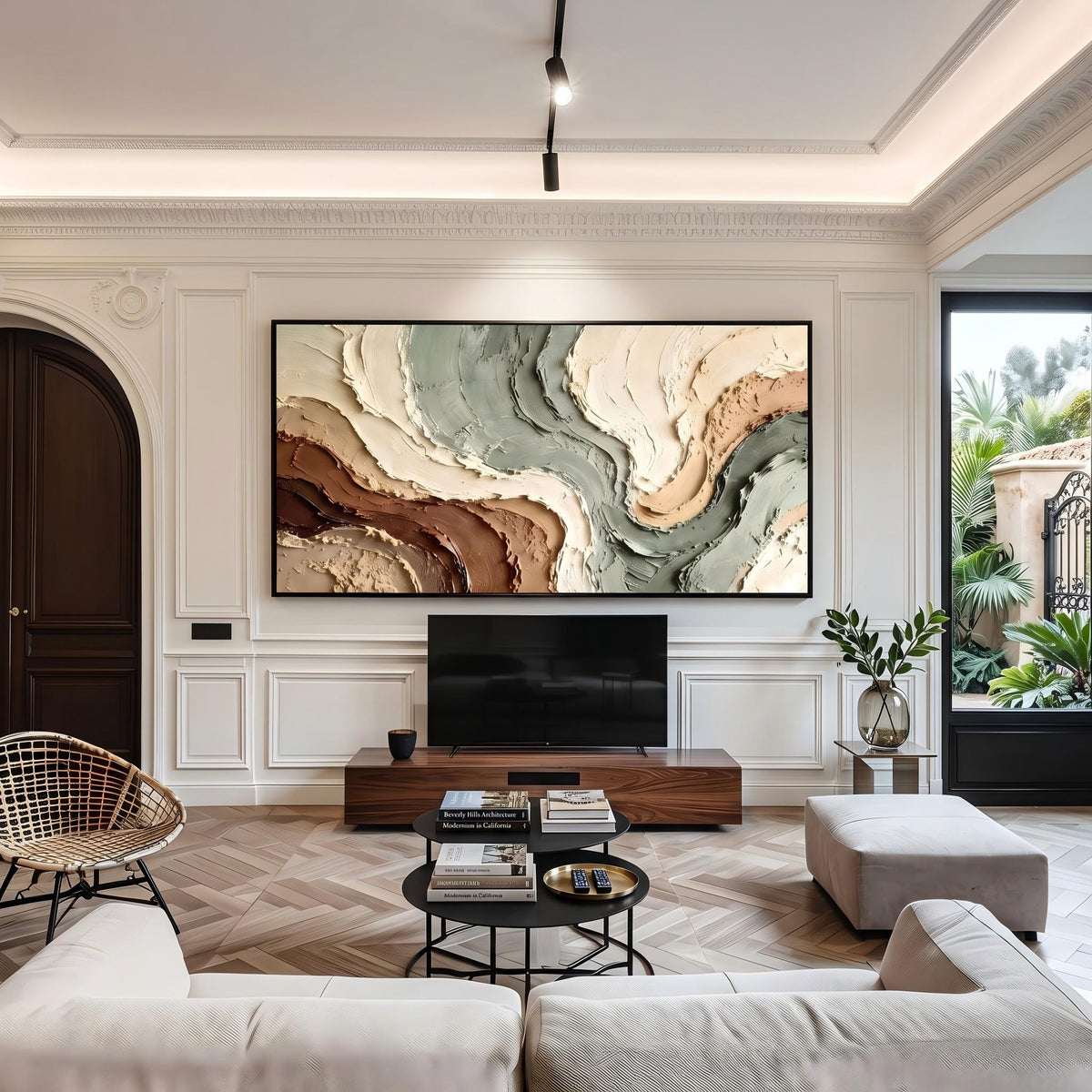 "Muted Green Brown Flow Textured Art" - Modern Heavy Impasto Abstract Artwork | Beige Palette Knife Painting | Luxury Horizontal Wall Art #YK 1612