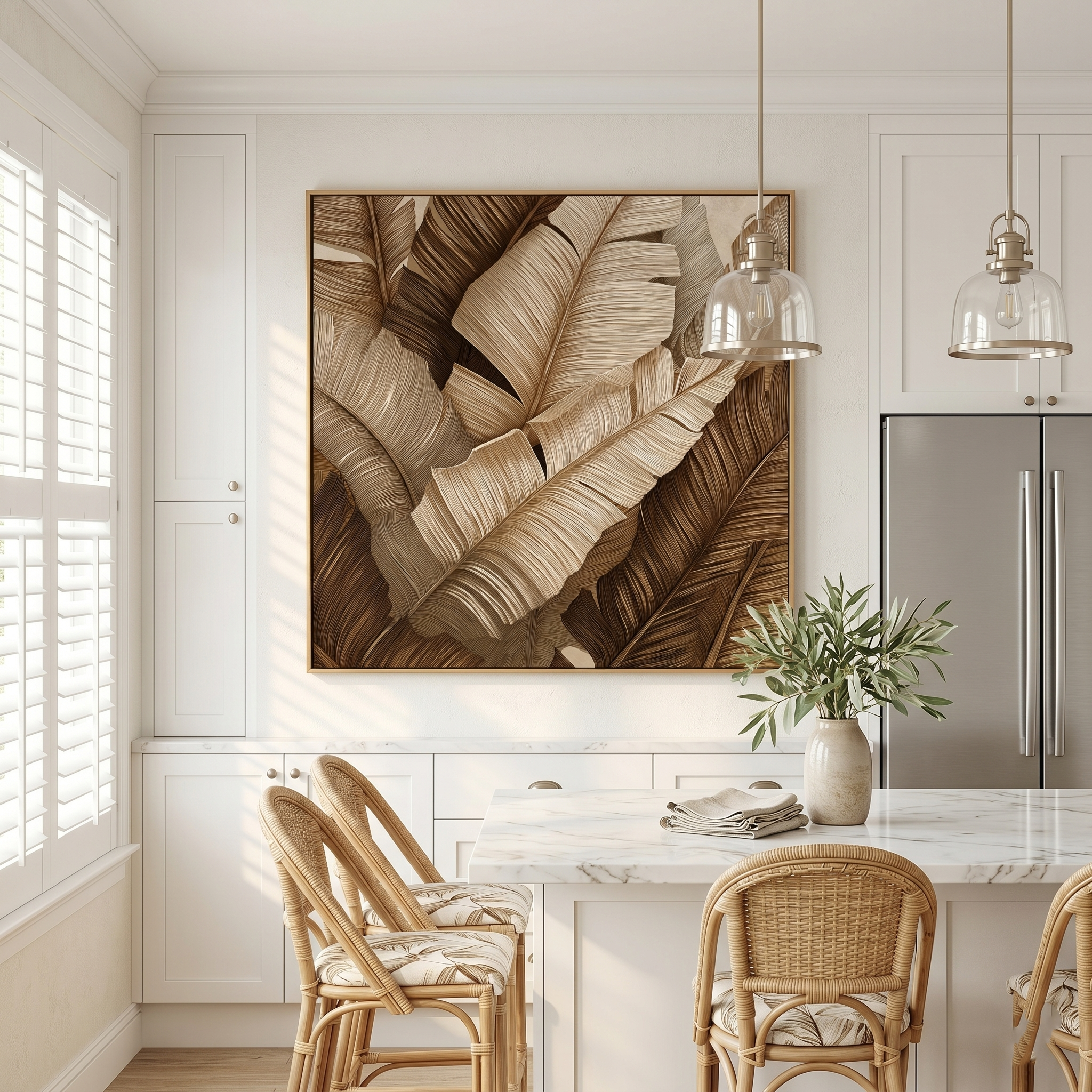 "Bronze Canopy" – Modern Linear Tropical Banana Leaf Canvas | Sophisticated Organic Wall Art