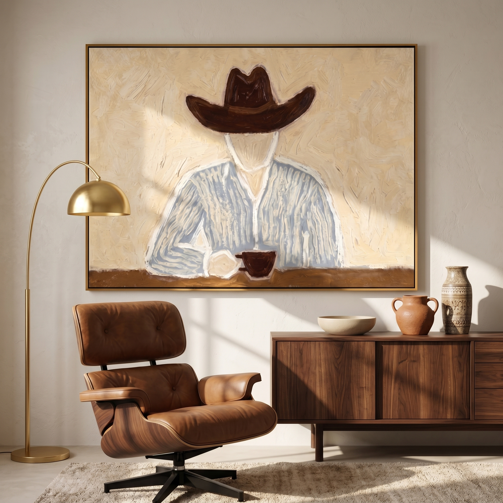 "The Quiet Pour" — 3D Textured Abstract Cowboy Wall Art | Warm Neutral Framed Painting#yk1200