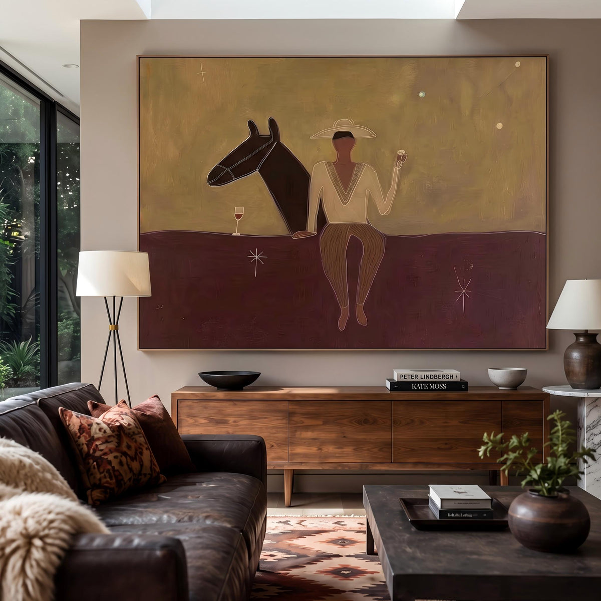 "Western Cowboy and Horse" - Modern Heavy Impasto Western Animal Artwork | Purple Palette Knife Painting | Luxury Horizontal Wall Art #YK 1569