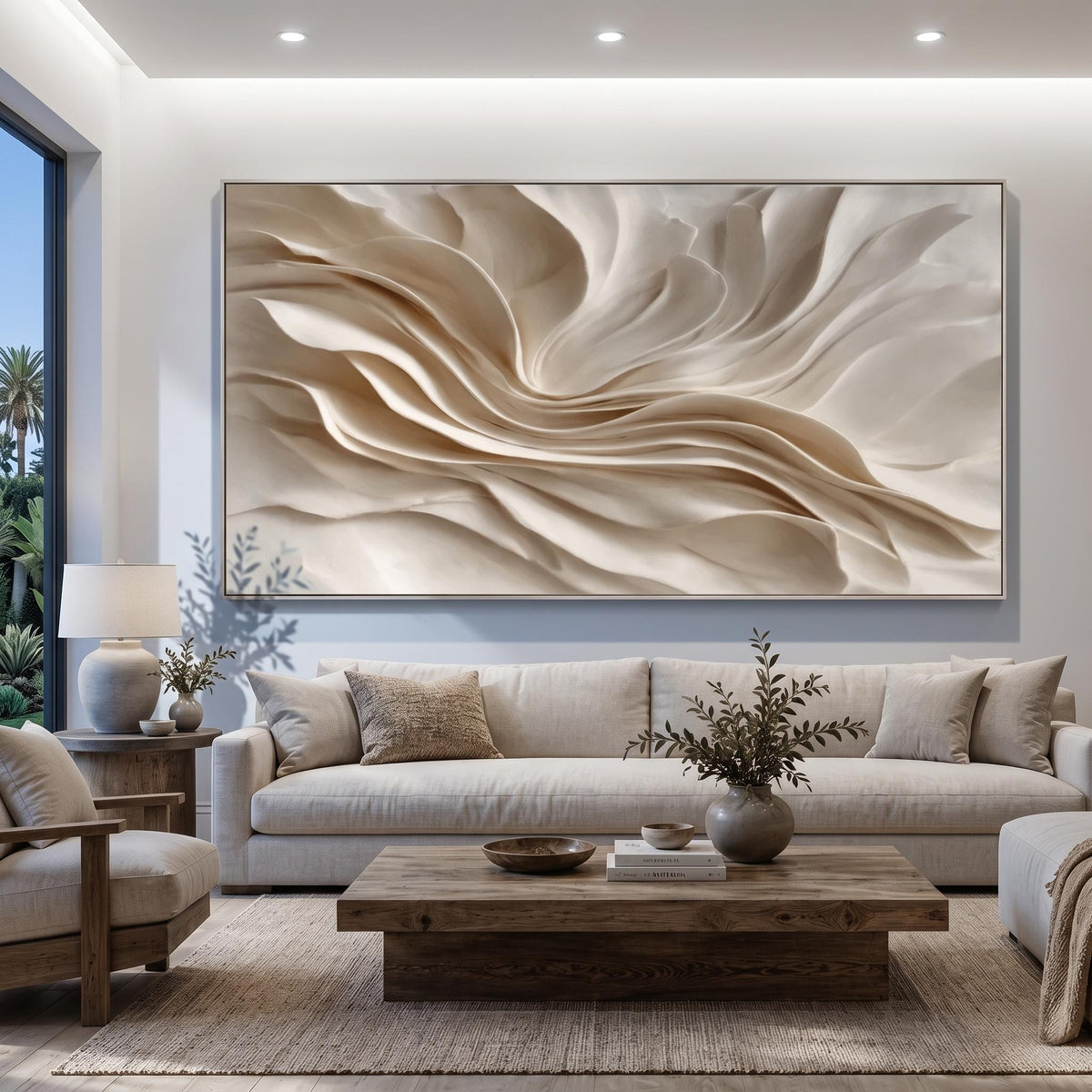 "Earthy‑Tone Soft Fold Abstract Wall" - Modern Heavy Impasto Abstract Artwork | Beige Palette Knife Painting | Luxury Horizontal Wall Art #YK 1547