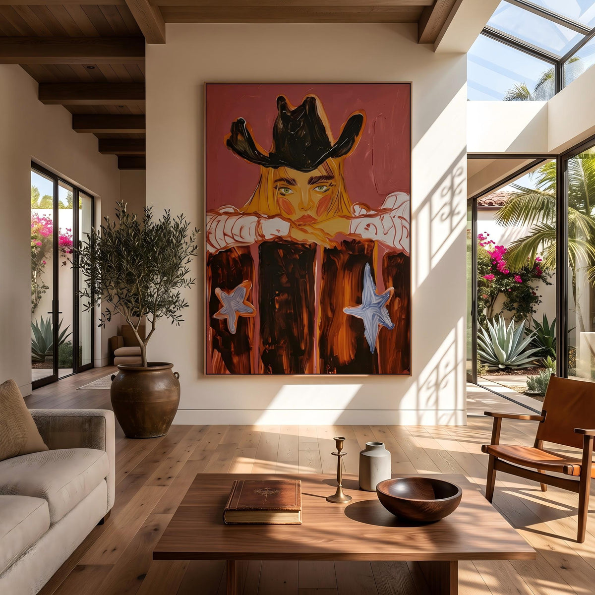 "Western Cowboy Girl" - Modern Heavy Impasto Western Animal Artwork | Orange Palette Knife Painting | Luxury Vertical Wall Art #YK 1580