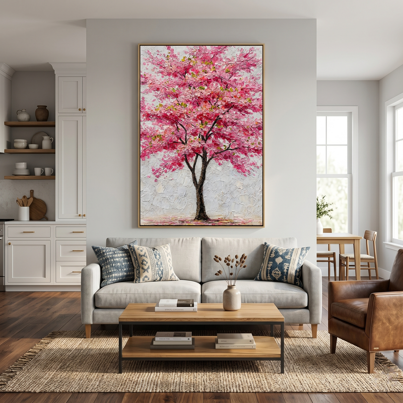 "Sakura Majesty" – Modern 3D Heavy Impasto Pink Tree Relief | Elegant Botanical Statement Art