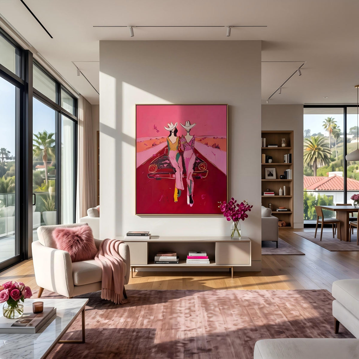 "Cowgirls on the Road" - Modern Heavy Impasto Abstract Artwork | Pink Palette Knife Painting | Luxury Vertical Wall Art #YK 1585