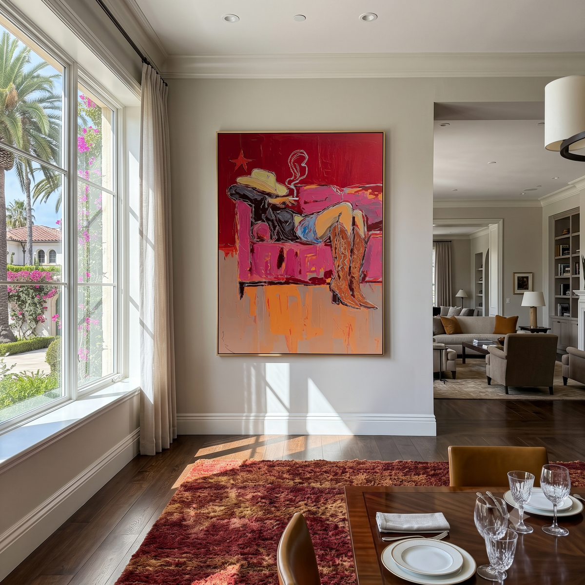 "Couch Western Cowgirl" - Modern Heavy Impasto Western Animal Artwork | Pink Palette Knife Painting | Luxury Vertical Wall Art #YK 1586