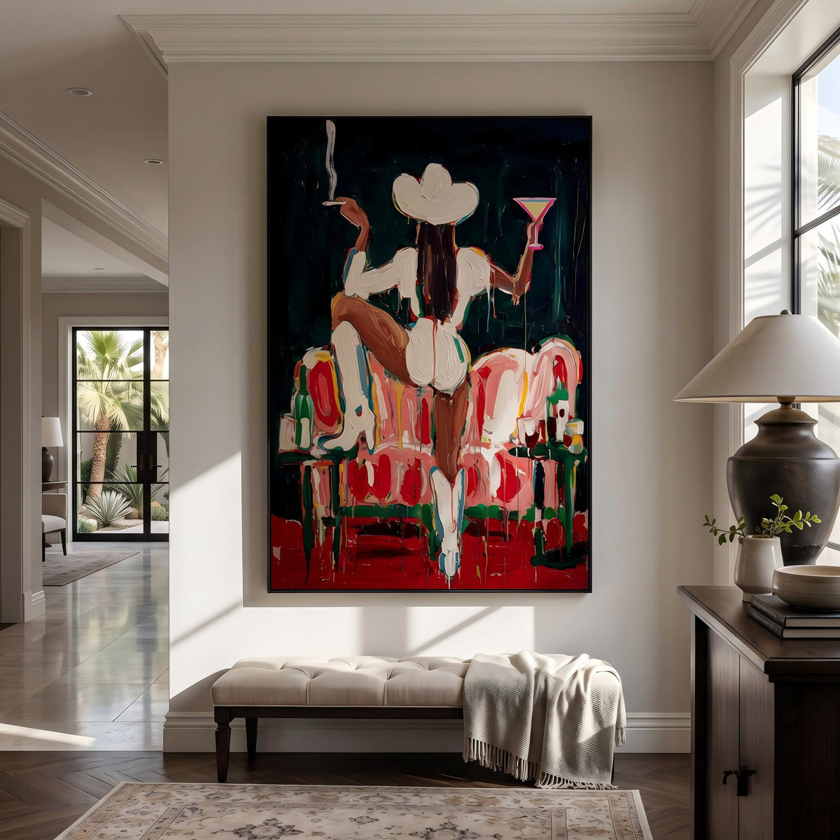 "Midnight Western Woman" - Modern Heavy Impasto Western Animal Artwork | Black & White Palette Knife Painting | Luxury Vertical Wall Art #YK 1577