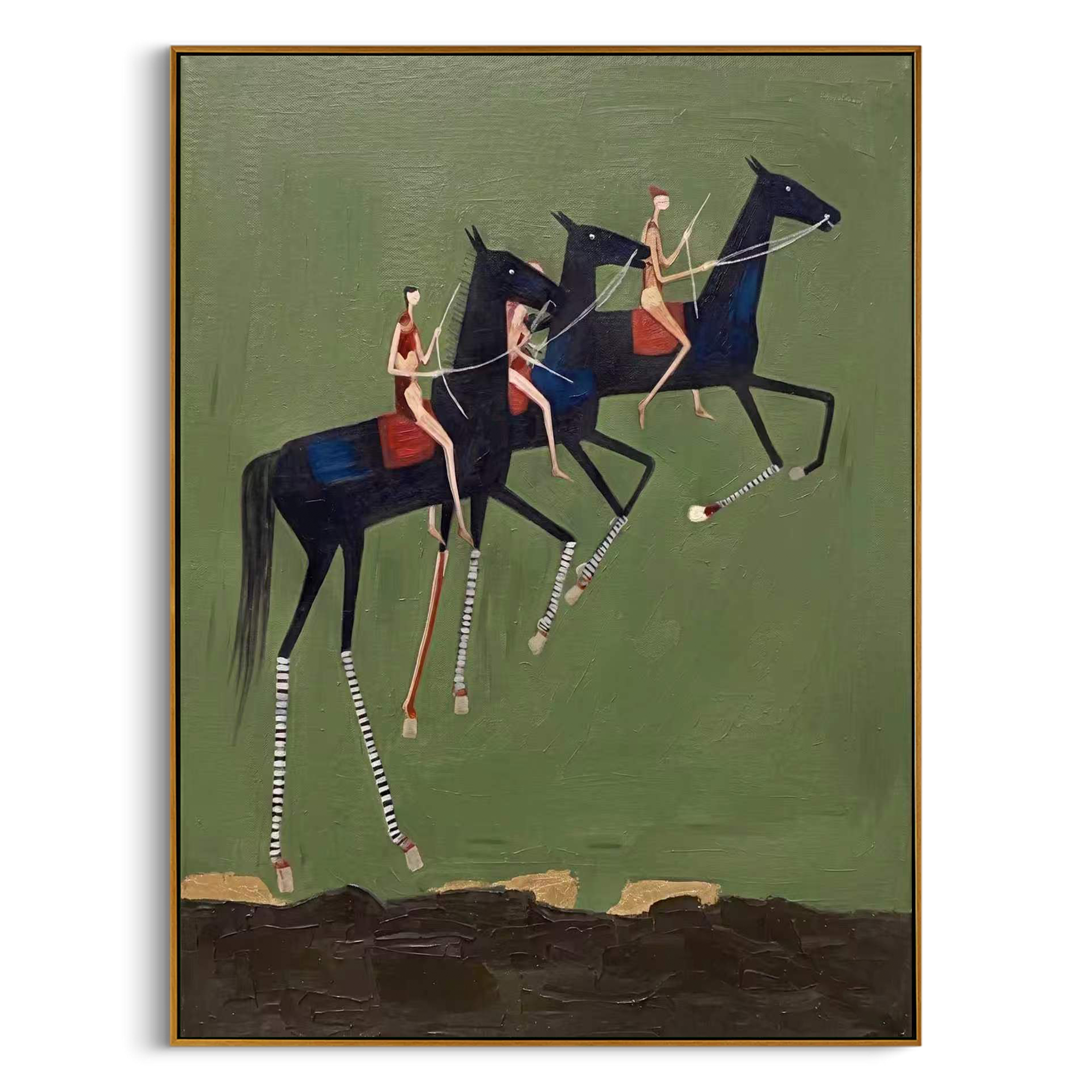"Three Riders in Motion" – Abstract Folk Impasto Artwork | Bold Equestrian Wall Decor | Contemporary Vertical Statement Piece #AB 005