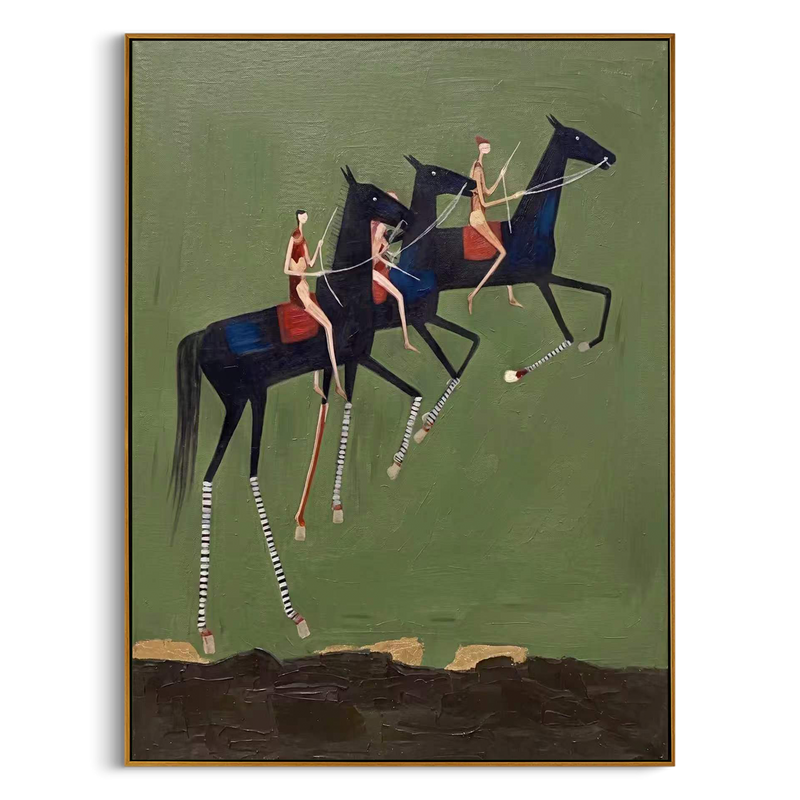"Three Riders in Motion" – Abstract Folk Impasto Artwork | Bold Equestrian Wall Decor | Contemporary Vertical Statement Piece #AB 005