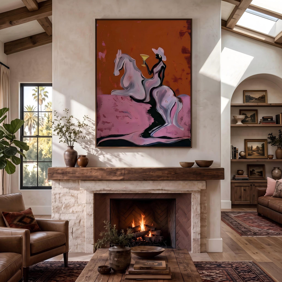 "Cowgirl Martini Ride" - Modern Heavy Impasto Western Animal Artwork | Pink Palette Knife Painting | Luxury Vertical Wall Art #YK 1571