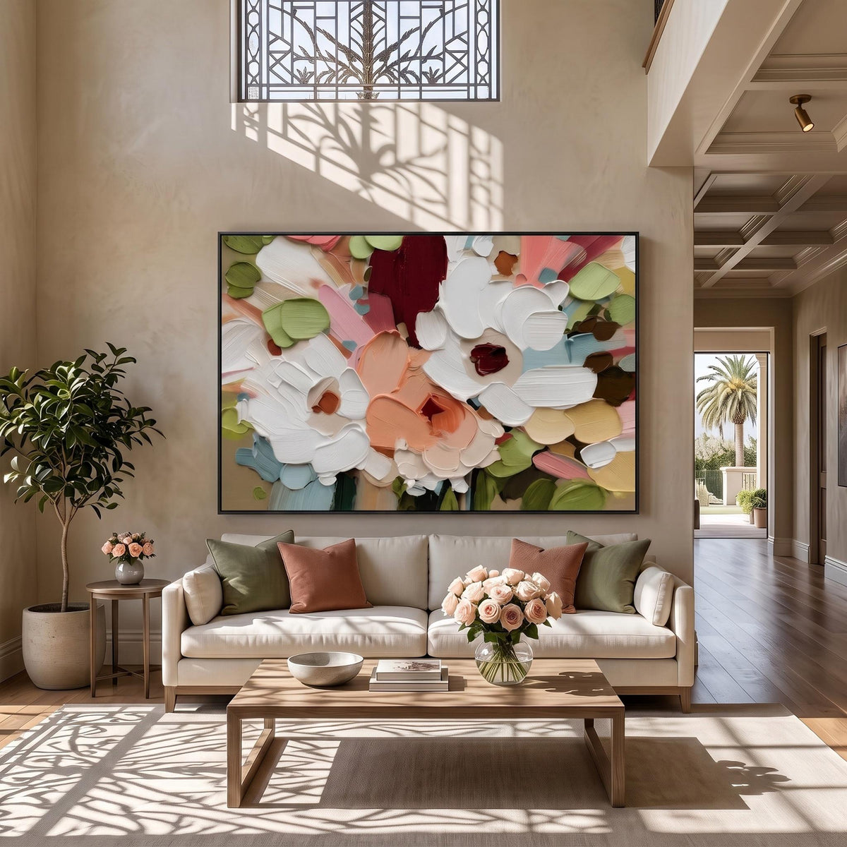 "Colorful Textured Floral Wall" - Modern Heavy Impasto Floral Abstract | White Palette Knife Painting | Luxury Horizontal Wall Art #YK 1615