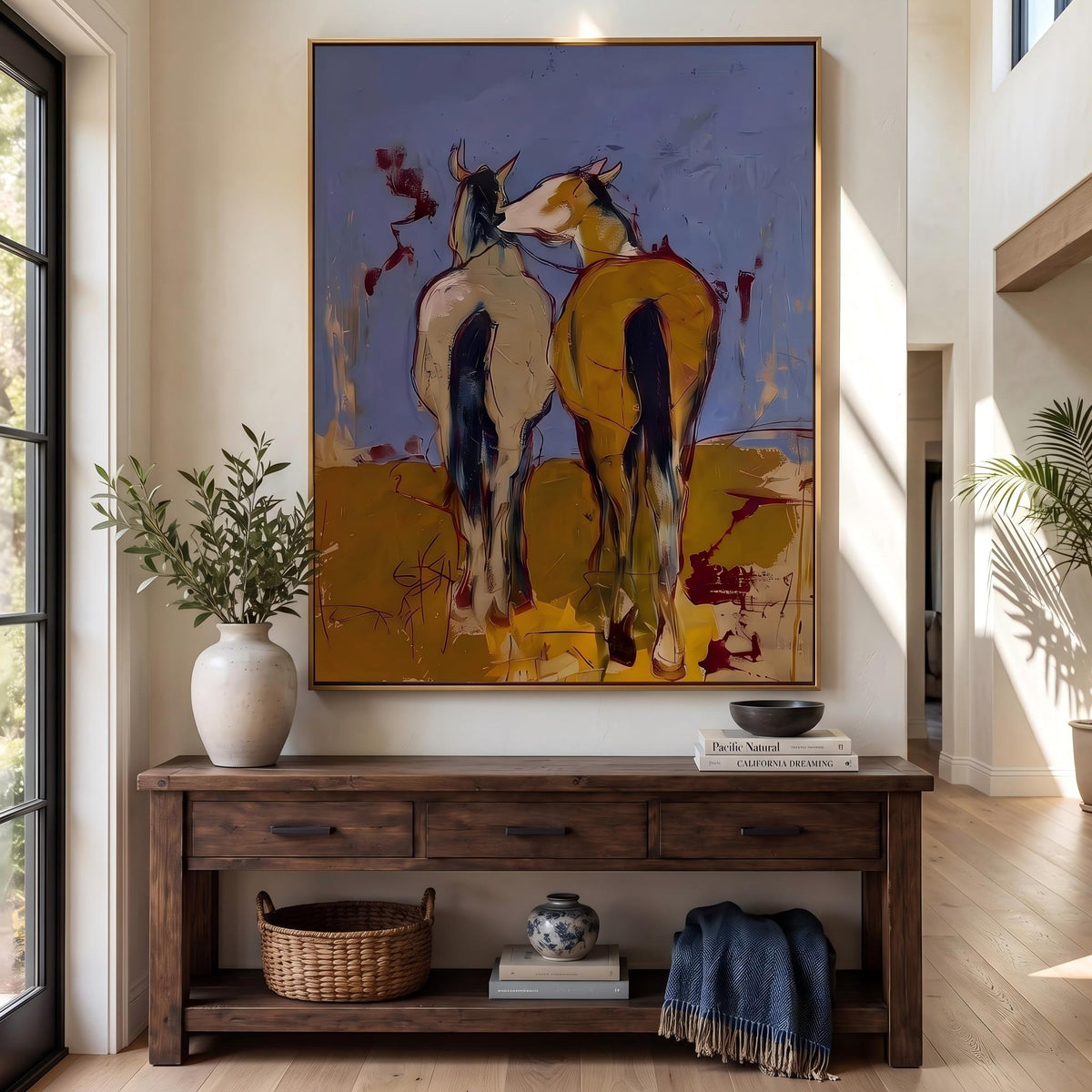 "Wild Companions" - Modern Heavy Impasto Western Animal Artwork | Yellow Palette Knife Painting | Luxury Vertical Wall Art #YK 1573