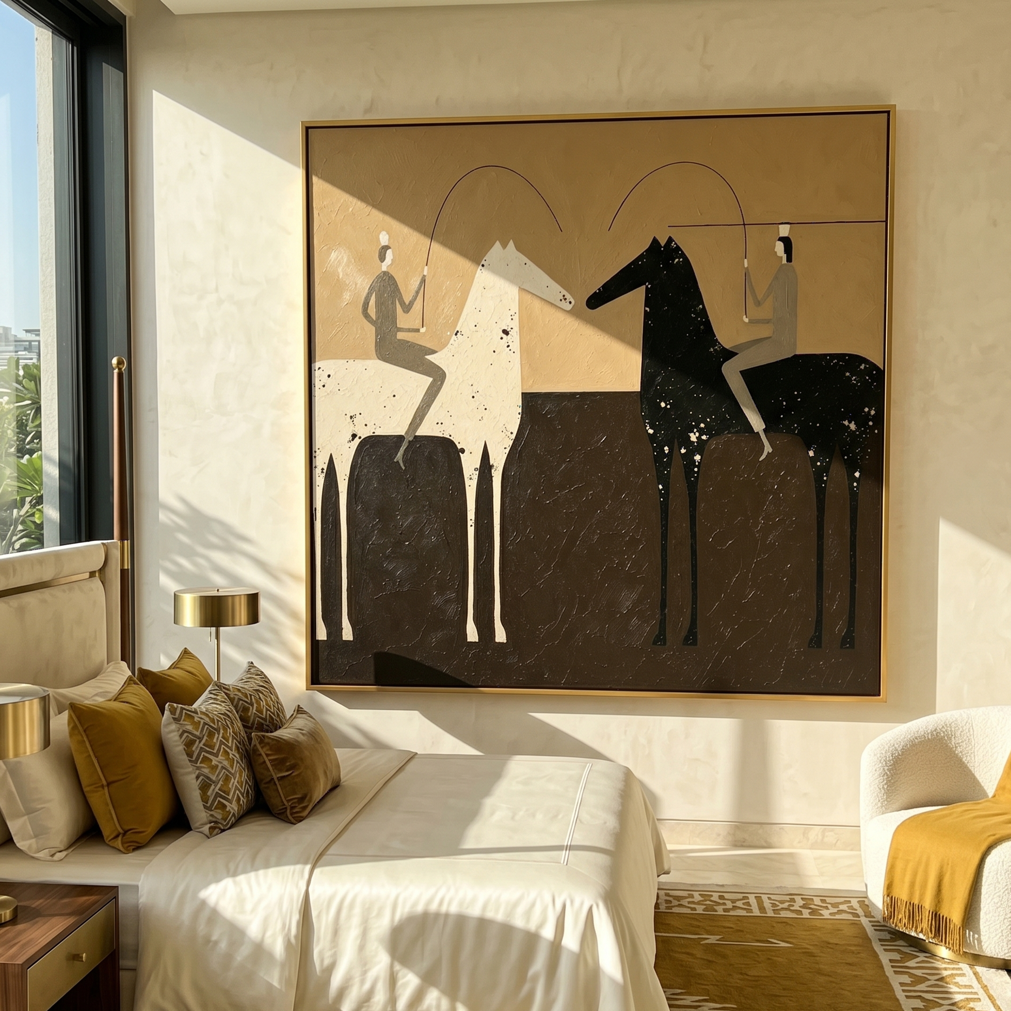 "Dual Polo Equinox" – Modern Heavy Impasto Minimalist Figurative | 3D Warm Umber & Charcoal Palette Knife Painting | Luxury Square Wall Art #AB 018