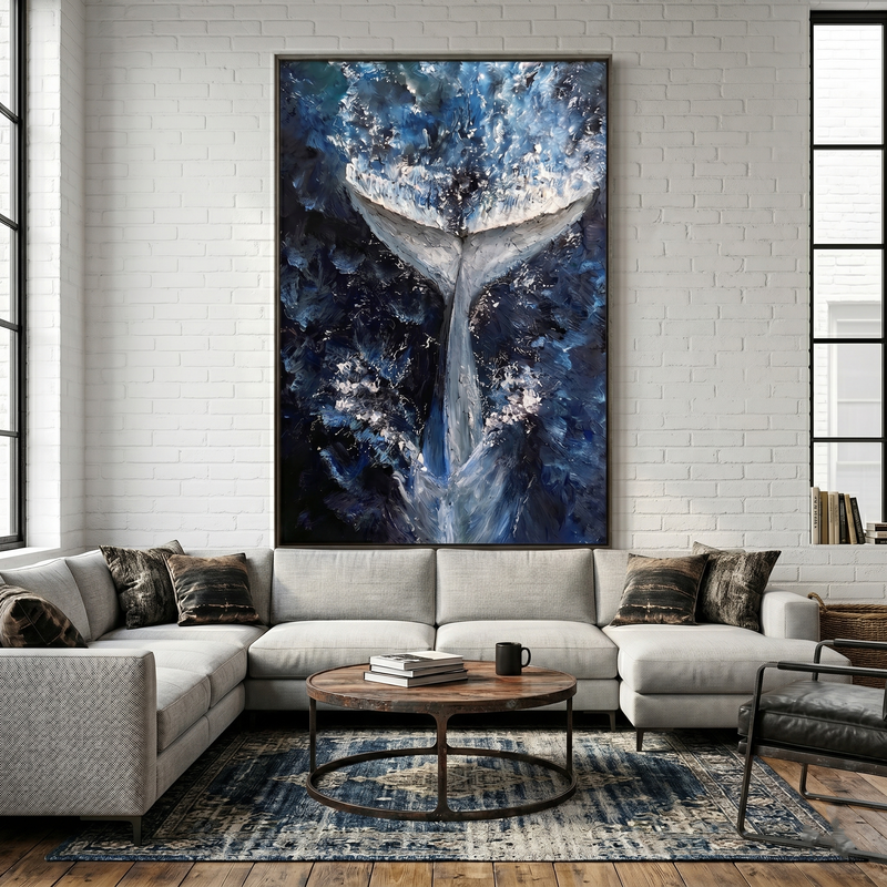 "Abyssal Breach" – Modern 3D Heavy Impasto Whale Fluke | Majestic Coastal Statement Art