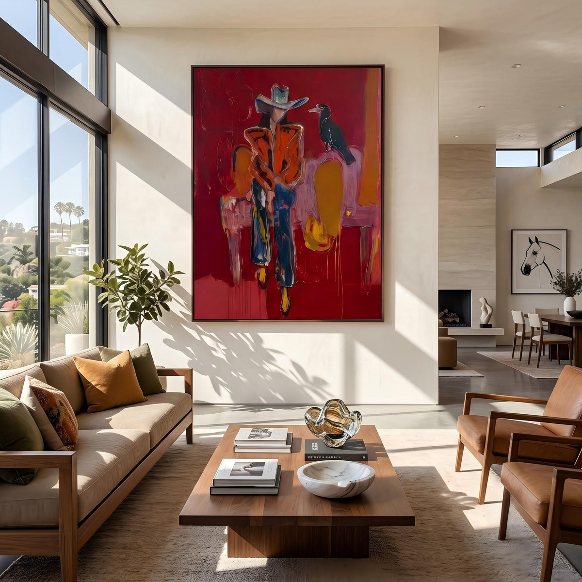 "Crow Cowgirl" - Modern Heavy Impasto Western Animal Artwork | Golden & Pink Palette Knife Painting | Luxury Vertical Wall Art #YK 1575