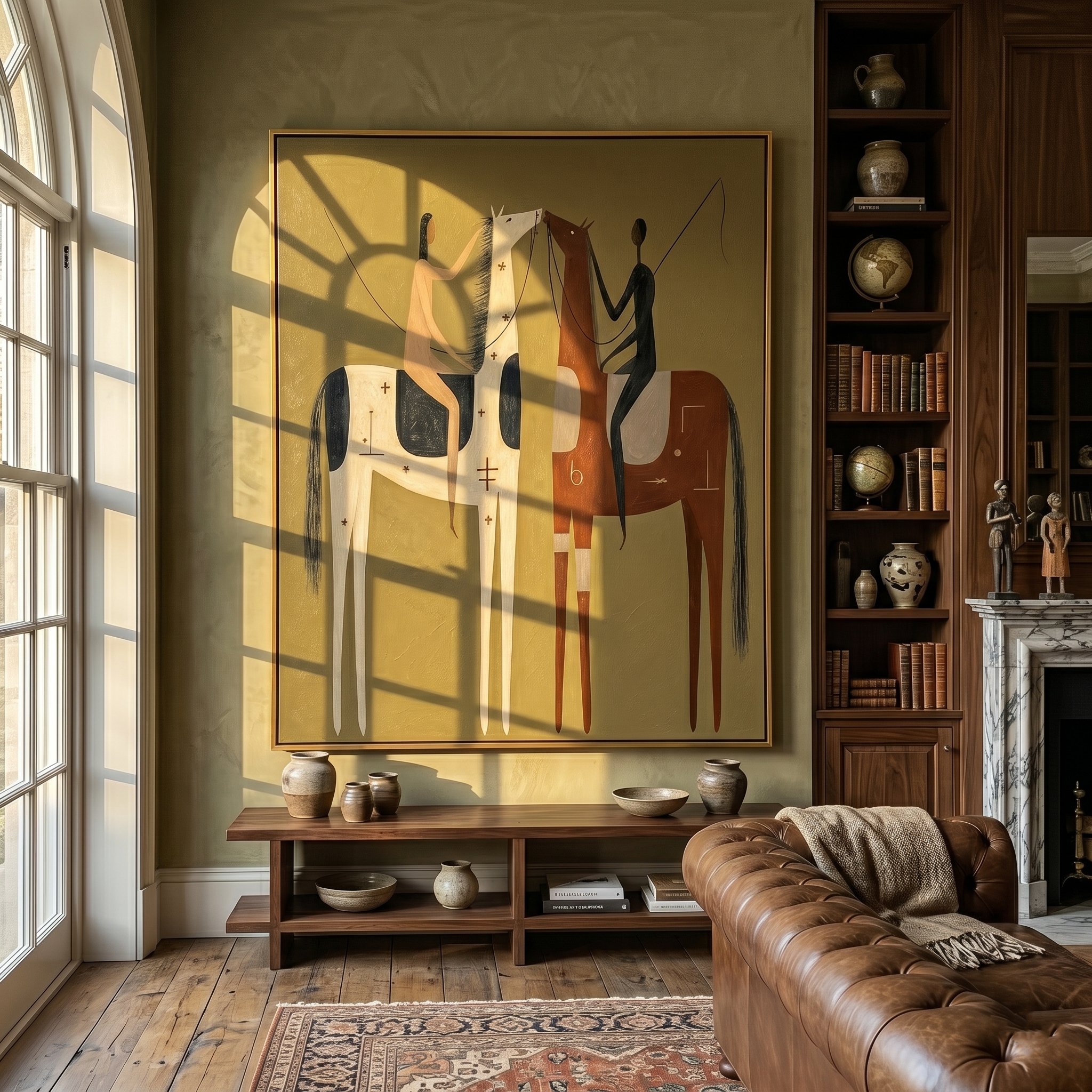 "Two Riders in Communion" – Modern Heavy Impasto Tribal Art | 3D Ochre & Sienna Palette Knife Painting | Luxury Vertical Wall Art #AB 014