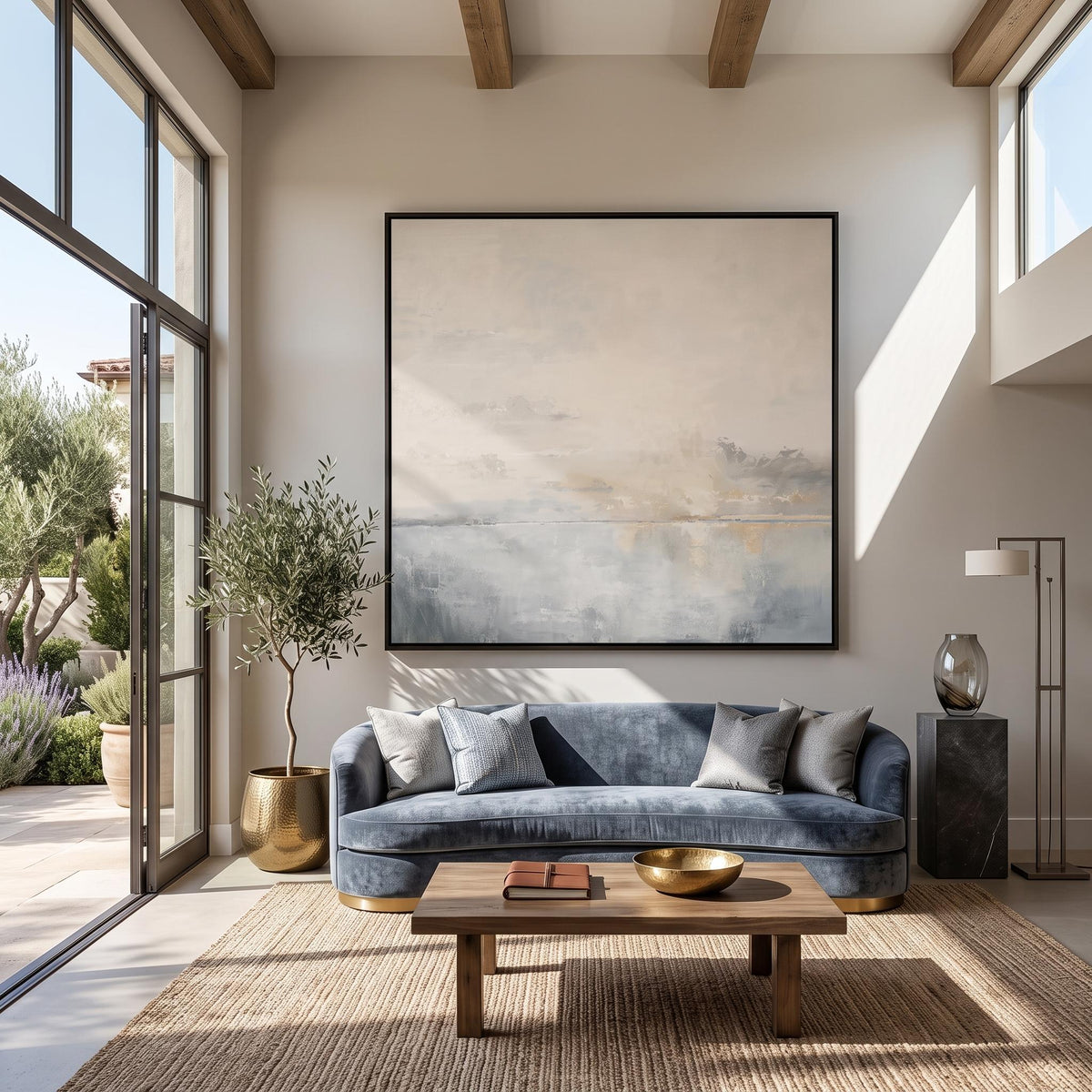 "Square Hazy Abstract Seascape" - Modern Heavy Impasto Coastal Landscape | Beige Palette Knife Painting | Luxury Square Wall Art #YK 1616