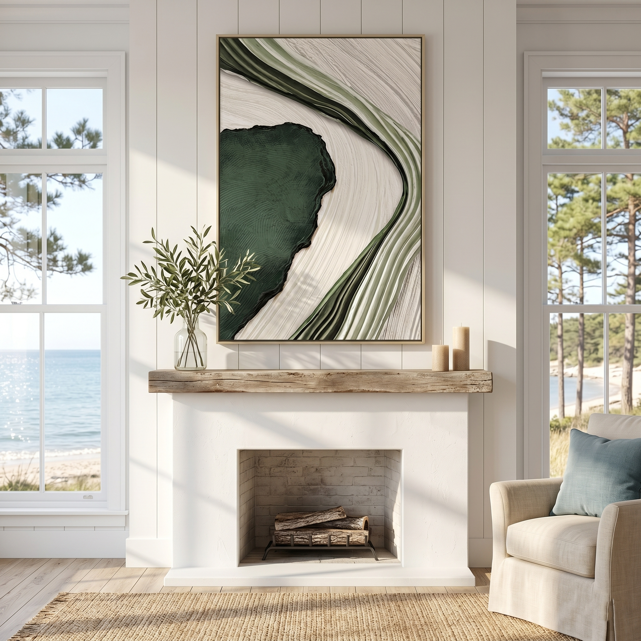 "Emerald Current" – Modern 3D Organic Linear Relief | Vertical Sage & Moss Statement Art