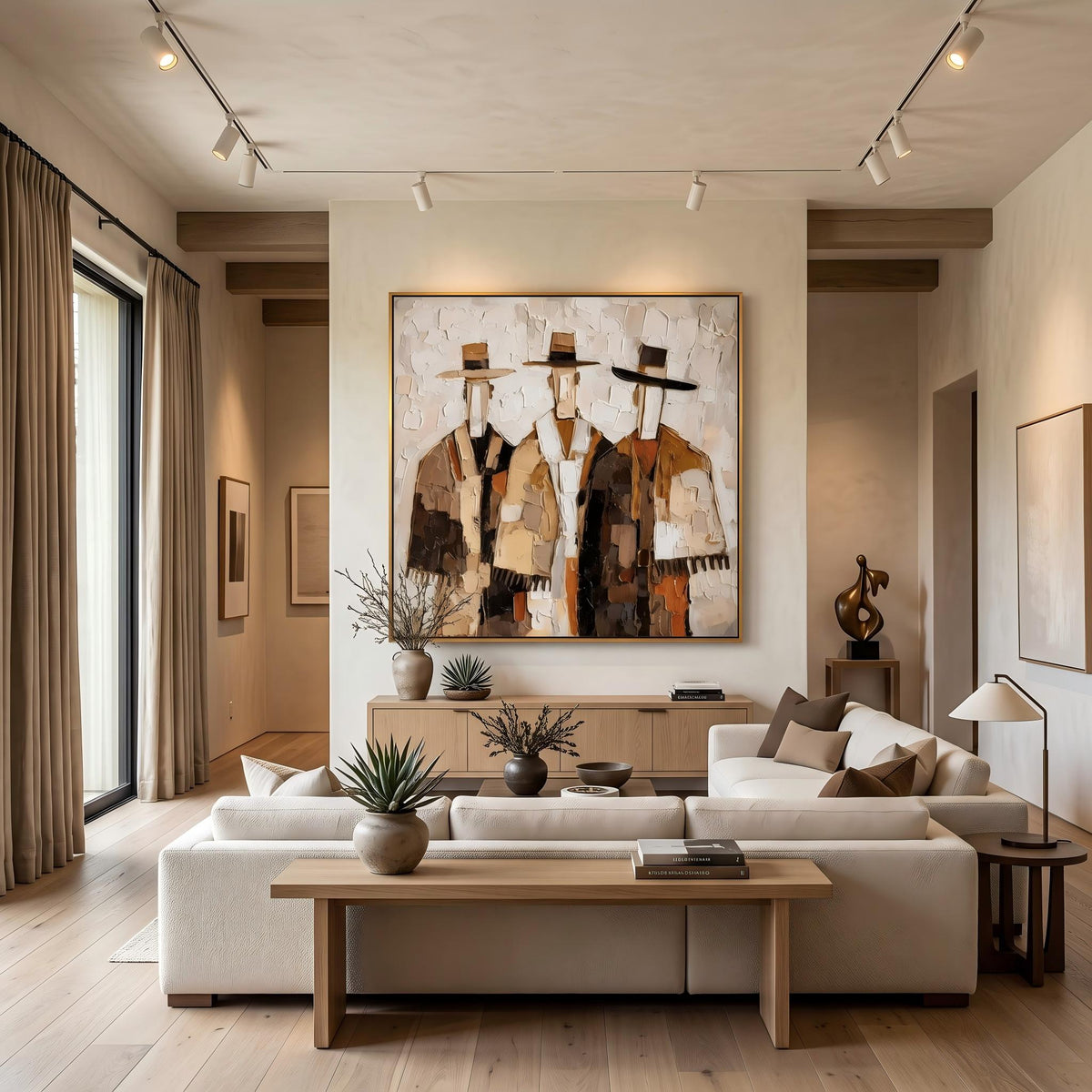 "Three Cowboys Impasto Wall" - Modern Heavy Impasto Abstract Artwork | Orange Palette Knife Painting | Luxury Square Wall Art #YK 1560