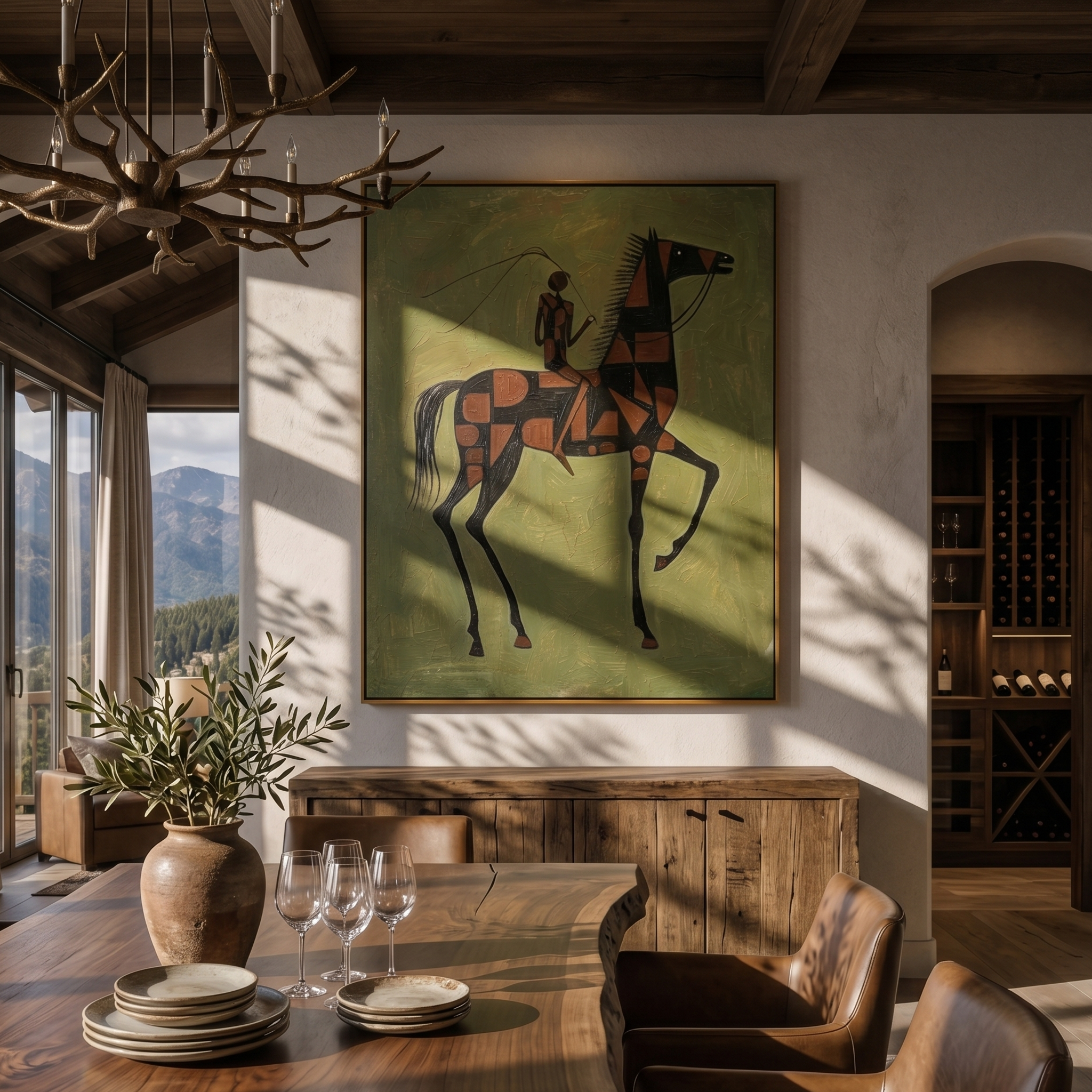 "Geometric Steed & Rider" – Modern Heavy Impasto Tribal Art | 3D Olive & Rust Palette Knife Painting | Luxury Vertical Wall Art #AB 008