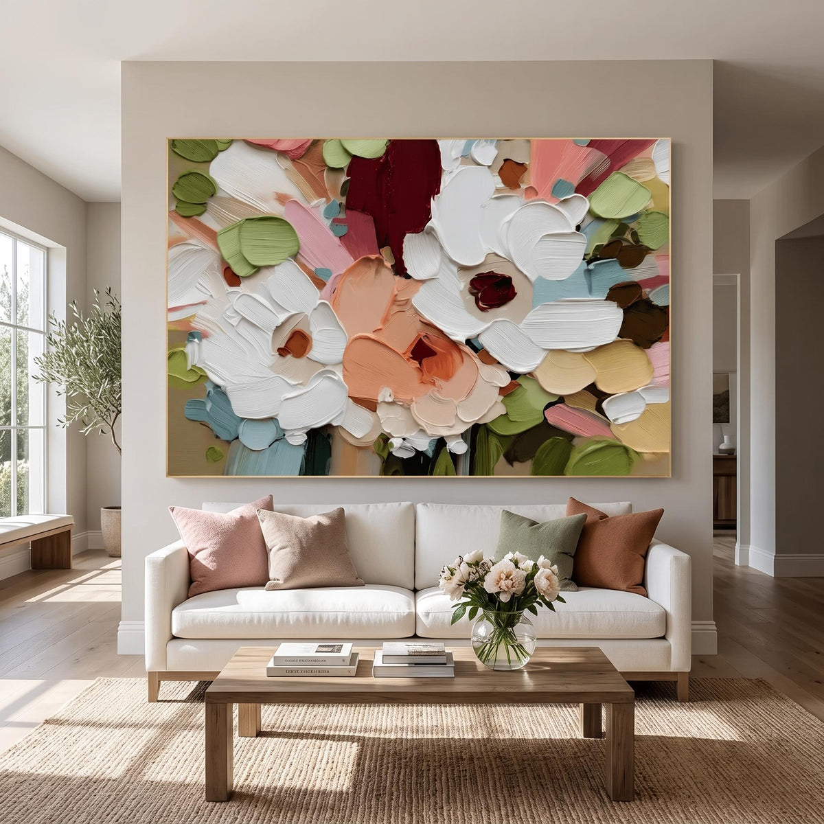 "Colorful Textured Floral Wall" - Modern Heavy Impasto Floral Abstract | White Palette Knife Painting | Luxury Horizontal Wall Art #YK 1615
