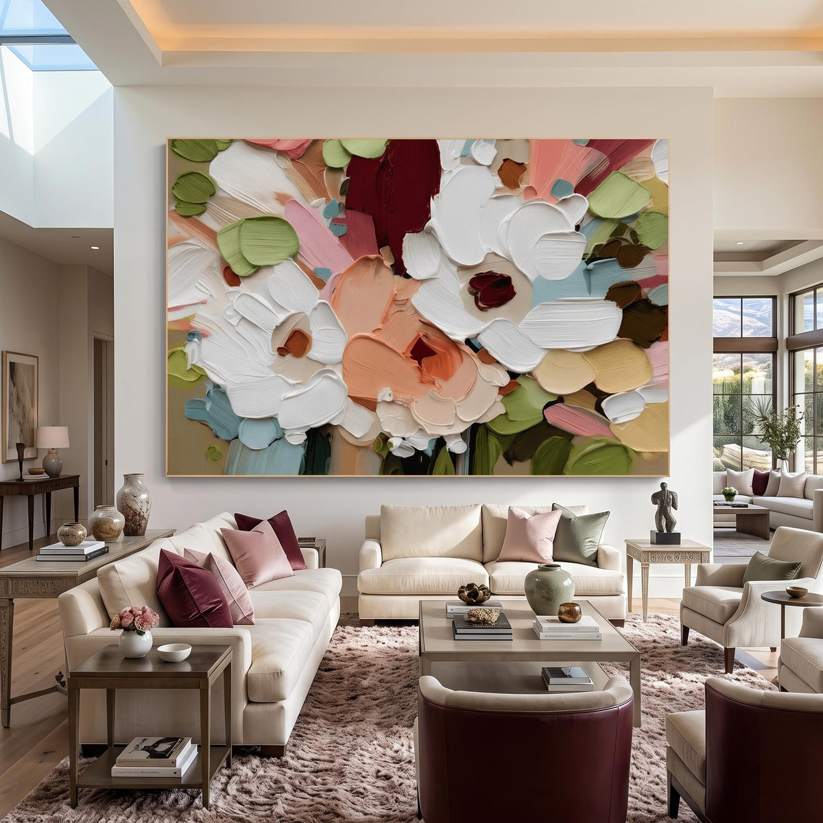 "Colorful Textured Floral Wall" - Modern Heavy Impasto Floral Abstract | White Palette Knife Painting | Luxury Horizontal Wall Art #YK 1615