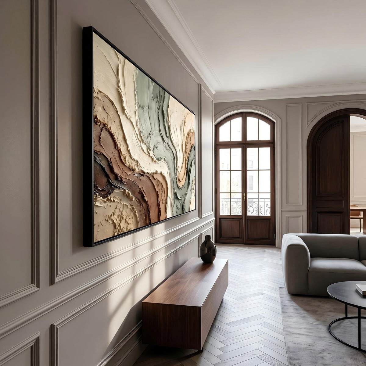 "Muted Green Brown Flow Textured Art" - Modern Heavy Impasto Abstract Artwork | Beige Palette Knife Painting | Luxury Horizontal Wall Art #YK 1612