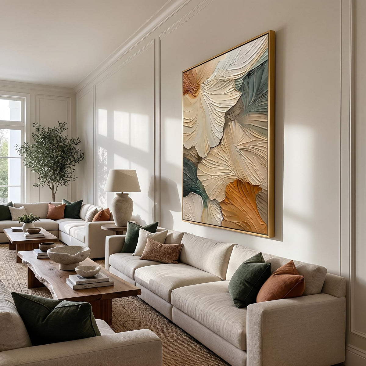 "Abstract Ginkgo Leaf" - Modern Heavy Impasto Botanical Tree Artwork | Beige Palette Knife Painting | Luxury Vertical Wall Art #YK 1548