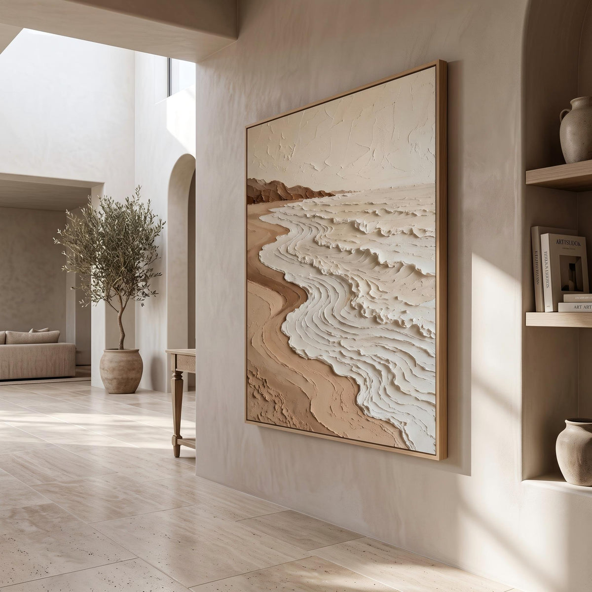 "Neutral Tones Stereoscopic Seaside Wall Decor" - Modern Heavy Impasto Coastal Landscape | Beige Palette Knife Painting | Luxury Vertical Wall Art #YK 1613