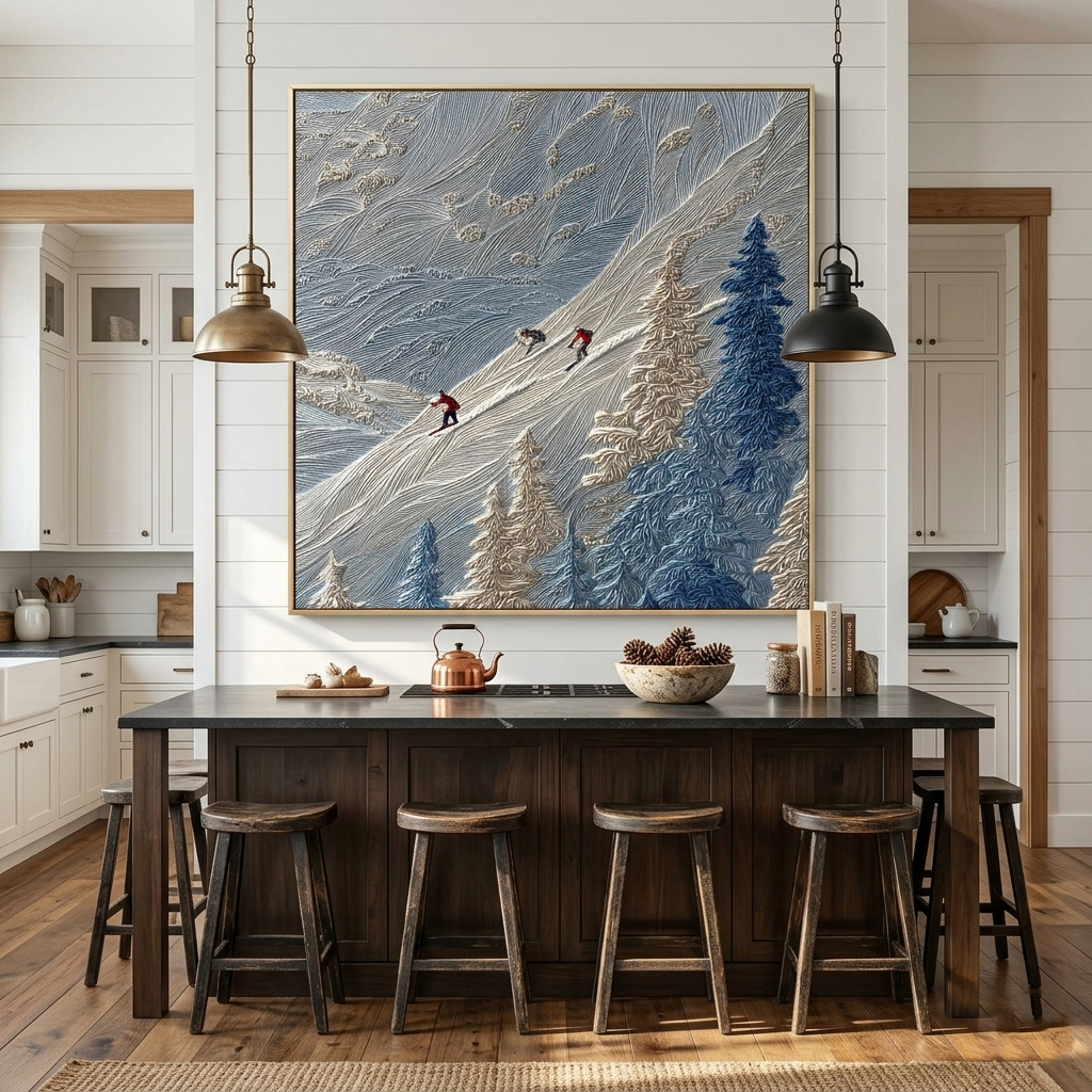 "Alpine Pulse" – Modern 3D Impasto Ski Mountain Relief | Winter Adventure Statement Art