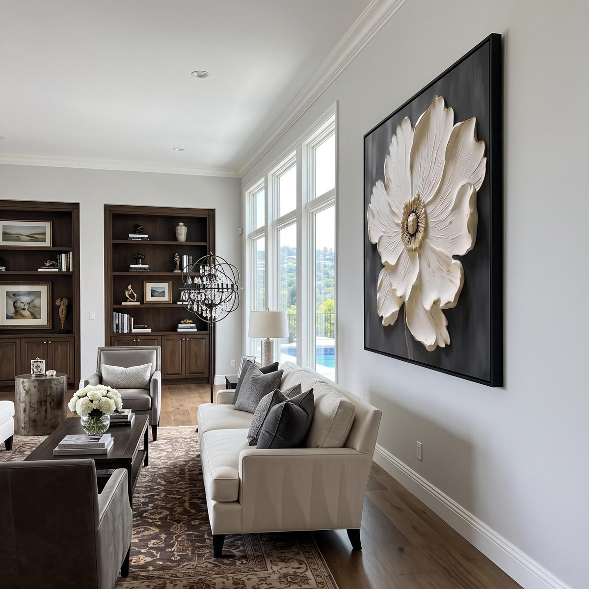 "Square White‑Gold Flower" - Modern Heavy Impasto Floral Abstract | White Palette Knife Painting | Luxury Square Wall Art #YK 1619