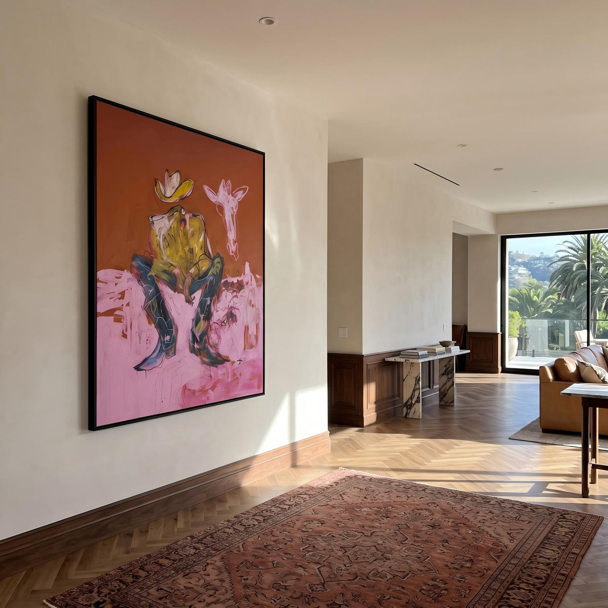 "Squatting faceless cowboy" - Modern Heavy Impasto Western Animal Artwork | Pink Palette Knife Painting | Luxury Vertical Wall Art #YK 1578