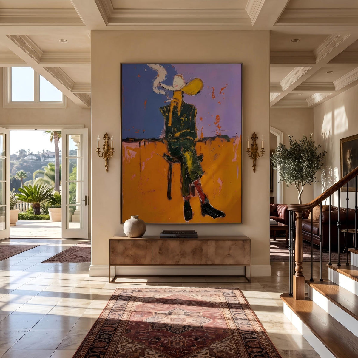 "Cigarettes Western Cowboy" - Modern Heavy Impasto Western Animal Artwork | Orange Palette Knife Painting | Luxury Vertical Wall Art #YK 1579