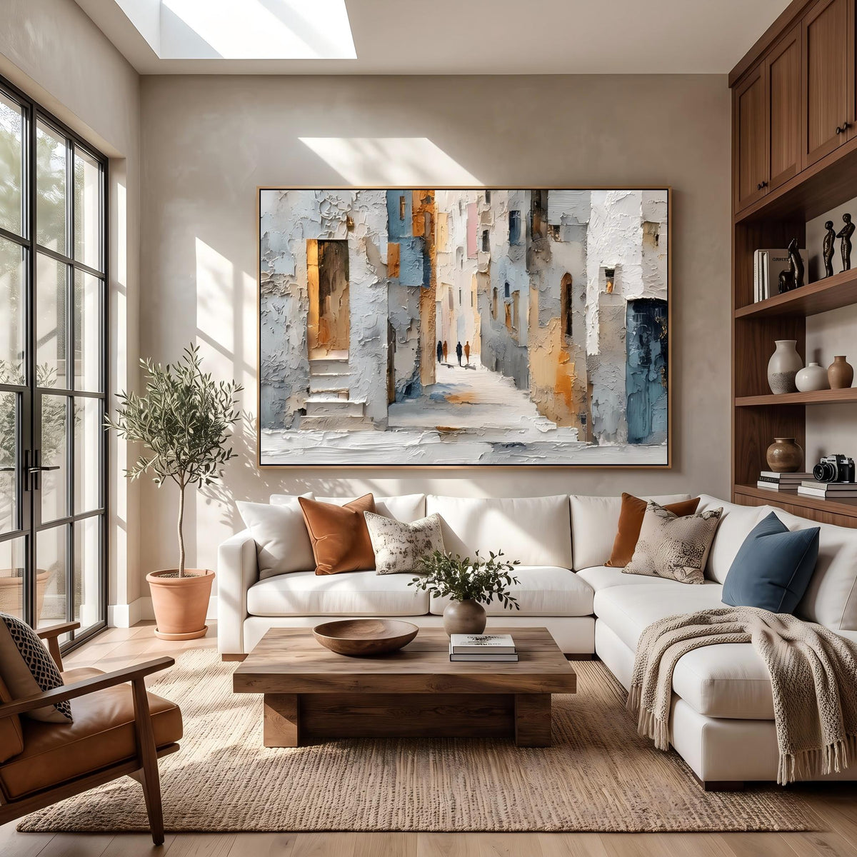 "European Old Town Street" - Modern Heavy Impasto Abstract Artwork | Beige & Grey Palette Knife Painting | Luxury Horizontal Wall Art #YK 1561