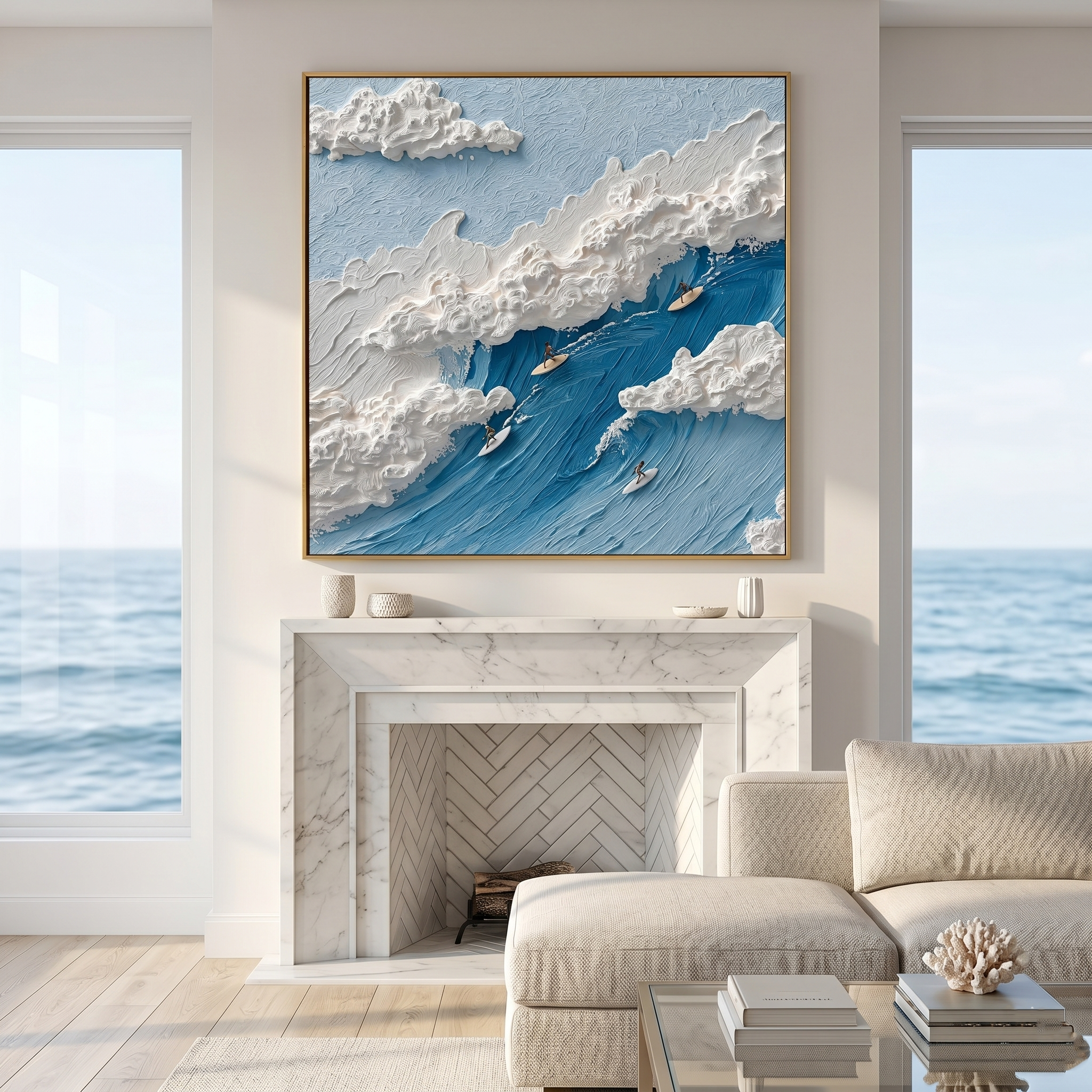 "Infinite Crest" – Modern 3D Heavy Impasto Surfing Relief | Energetic Azure Statement Art
