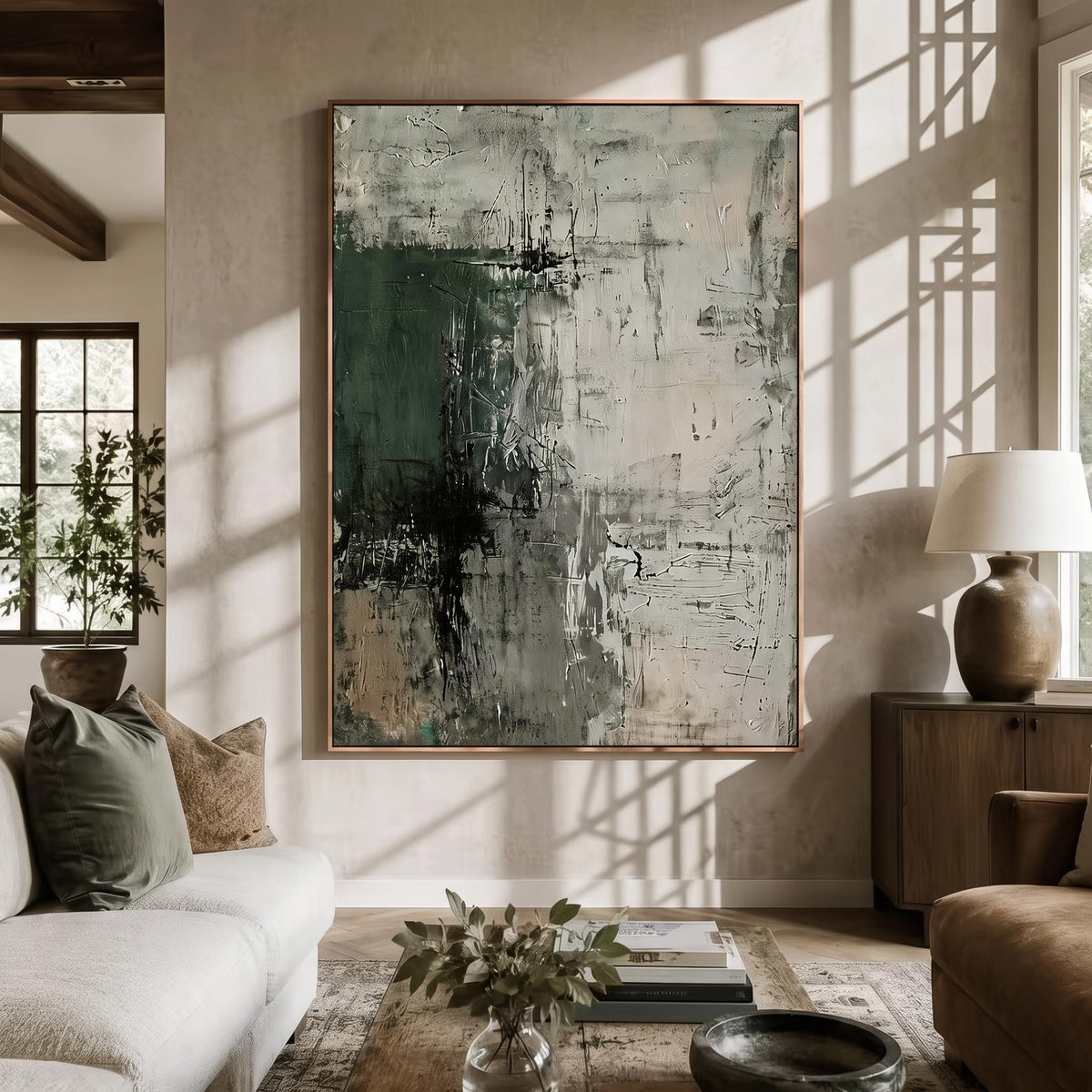 "Dark Green Mottled Texture" - Modern Heavy Impasto Abstract Artwork | Green Palette Knife Painting | Luxury Vertical Wall Art #YK 1617