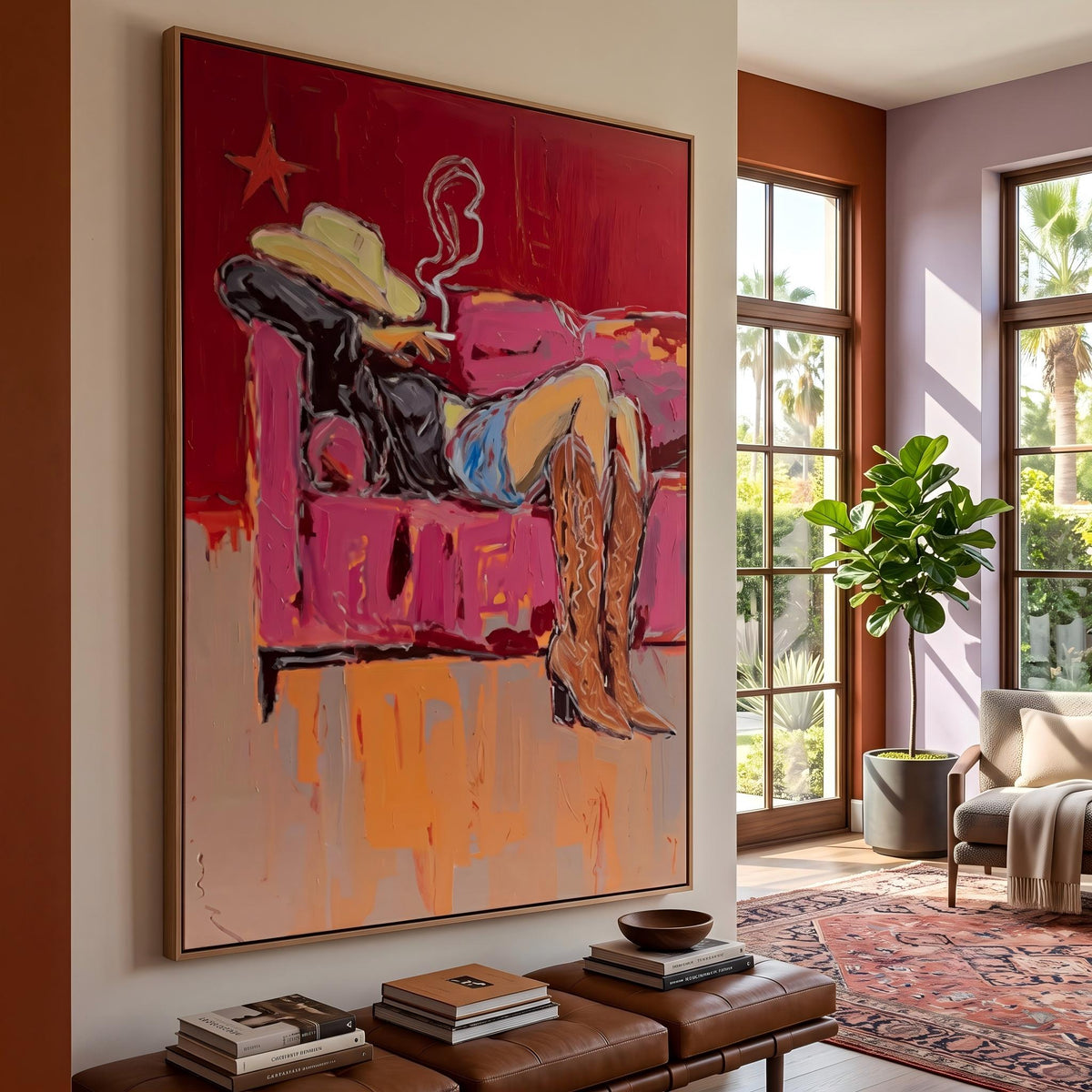 "Couch Western Cowgirl" - Modern Heavy Impasto Western Animal Artwork | Pink Palette Knife Painting | Luxury Vertical Wall Art #YK 1586