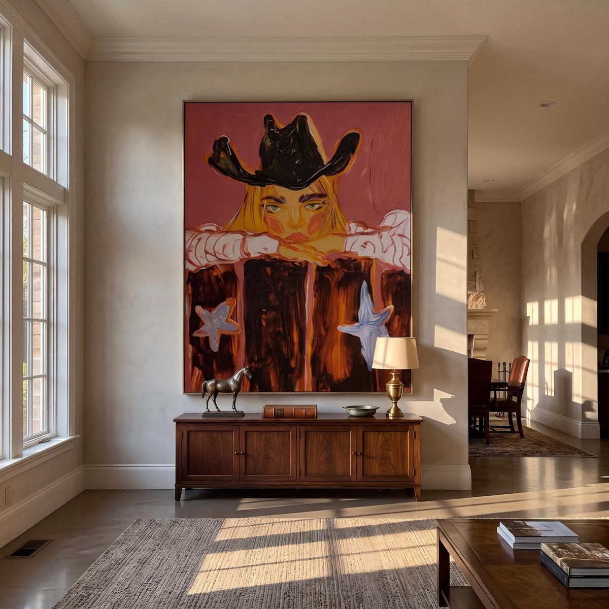 "Western Cowboy Girl" - Modern Heavy Impasto Western Animal Artwork | Orange Palette Knife Painting | Luxury Vertical Wall Art #YK 1580