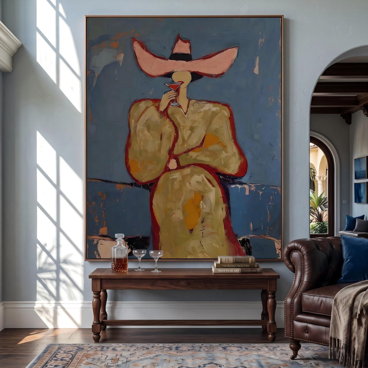 "Pink cowboy hat woman drinking cocktail" - Modern Heavy Impasto Western Animal Artwork | Golden & Orange Palette Knife Painting | Luxury Vertical Wall Art #YK 1576