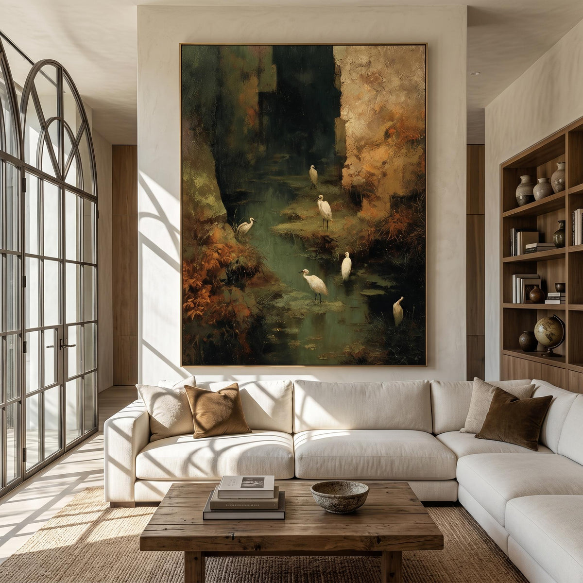 "Wetland Egret" - Modern Heavy Impasto Abstract Artwork | Golden Palette Knife Painting | Luxury Vertical Wall Art #YK 1550