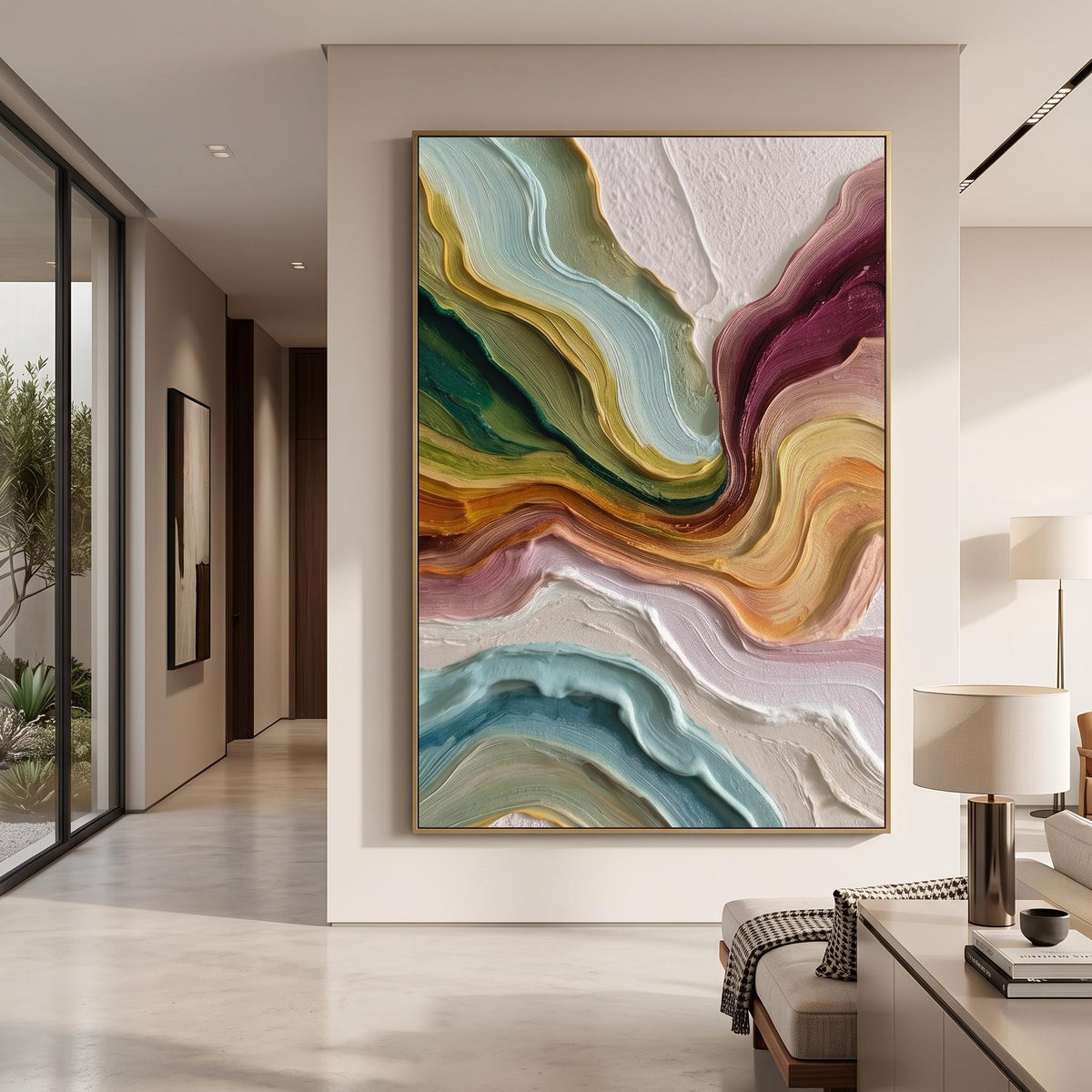 "Multicolor Layer Flow Abstract Wall" - Modern Heavy Impasto Abstract Artwork | Beige Palette Knife Painting | Luxury Vertical Wall Art #YK 1554