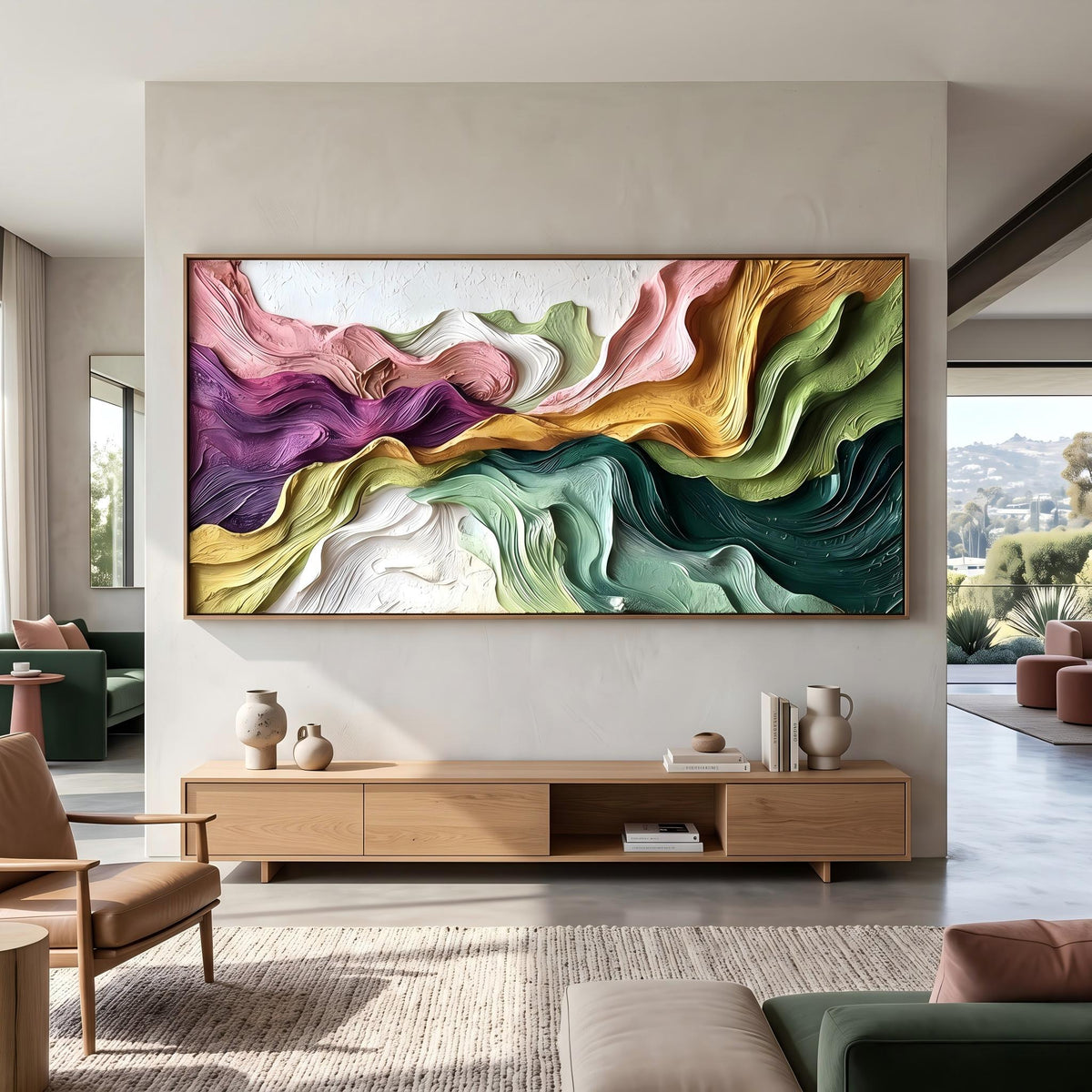 "Boho Flow Color Abstract" - Modern Heavy Impasto Abstract Artwork | Beige Palette Knife Painting | Luxury Horizontal Wall Art #YK 1614