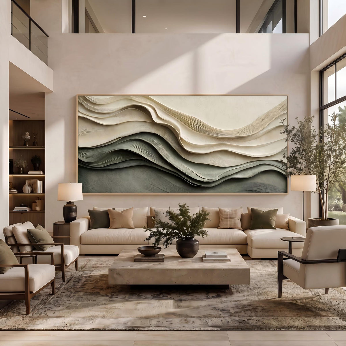"Layered Wave Abstract" - Modern Heavy Impasto Ocean Wave Seascape | Beige Palette Knife Painting | Luxury Horizontal Wall Art #YK 1609