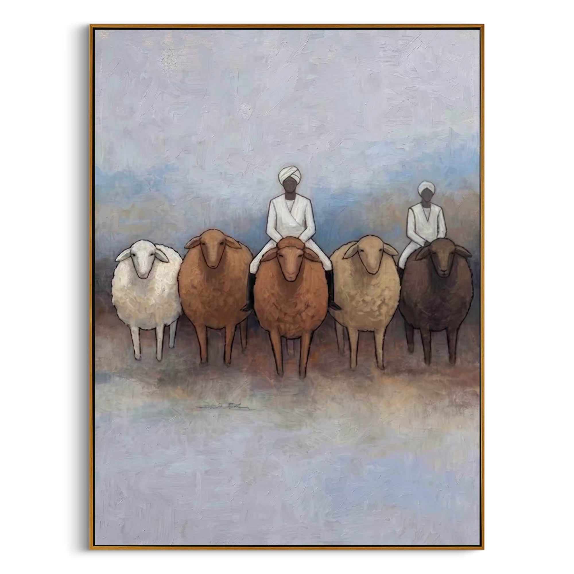 "The Shepherds and Their Flock" – Modern Heavy Impasto Folk Art | 3D Slate & Cream Palette Knife Painting | Luxury Vertical Wall Art #PT 028