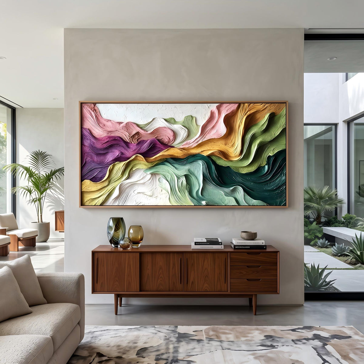 "Boho Flow Color Abstract" - Modern Heavy Impasto Abstract Artwork | Beige Palette Knife Painting | Luxury Horizontal Wall Art #YK 1614
