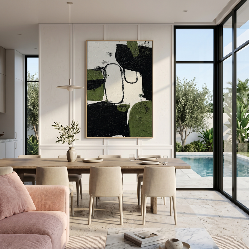 "Verdant Tectonics" – 3D Heavy Impasto Moss & Noir Abstract | Modern Vertical Statement Art