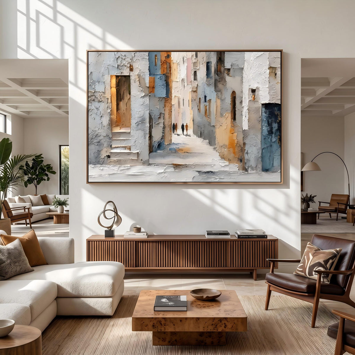"European Old Town Street" - Modern Heavy Impasto Abstract Artwork | Beige & Grey Palette Knife Painting | Luxury Horizontal Wall Art #YK 1561