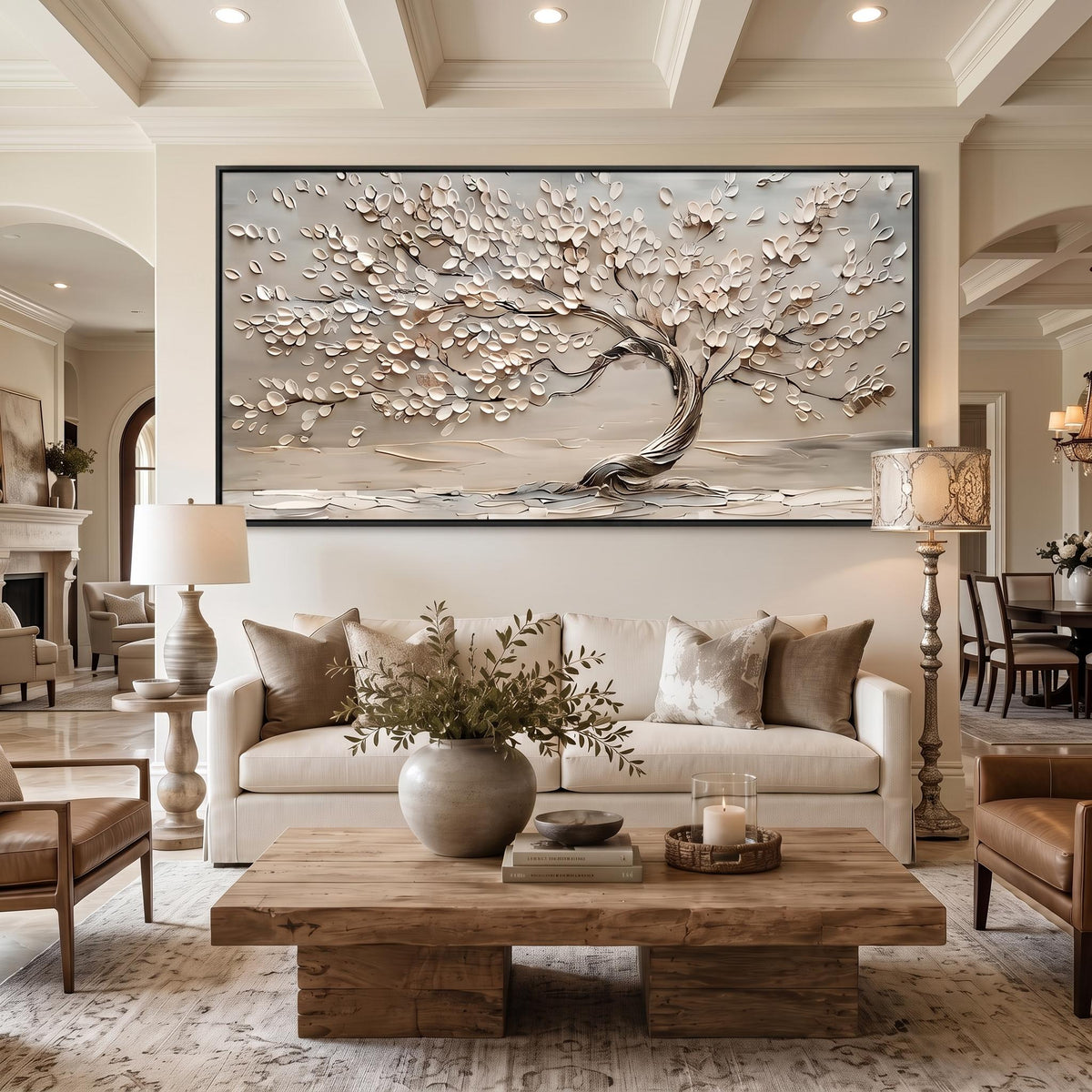 "Life Tree" - Modern Heavy Impasto Botanical Tree Artwork | White Palette Knife Painting | Luxury Horizontal Wall Art #YK 1546