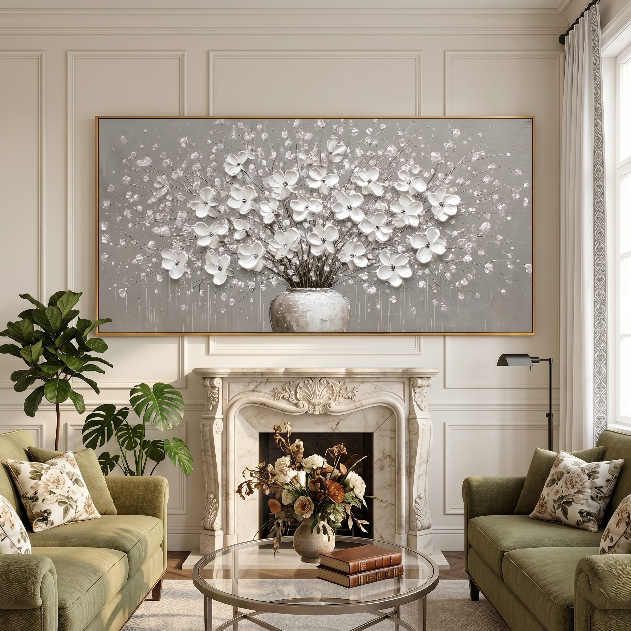 "Silver Harmony" – Modern 3D Heavy Impasto White Floral Still Life | Elegant Neutral Statement Art