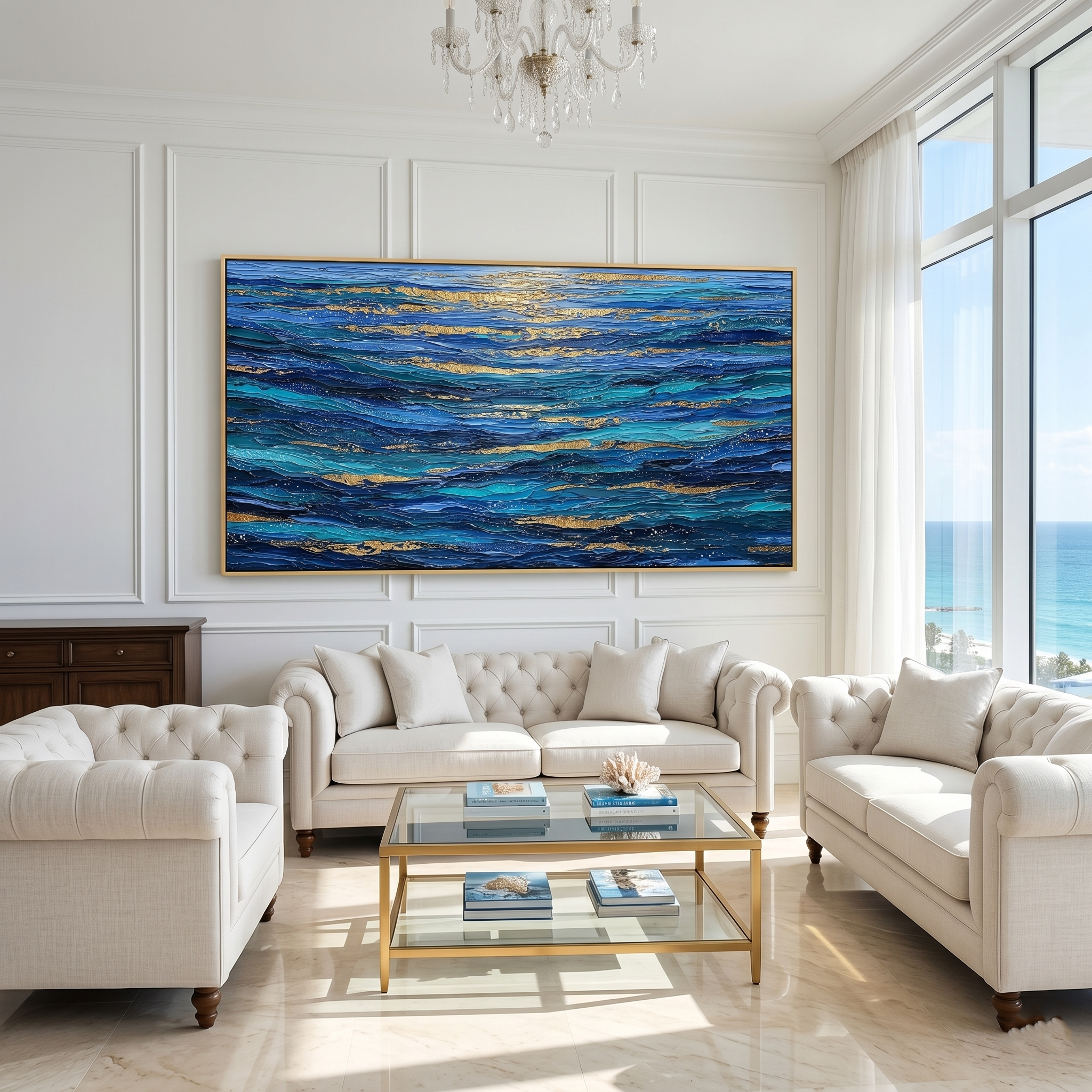 "Luminous Tides" – Extreme 3D Heavy Impasto Ocean Abstract | Gilded Coastal Statement Art